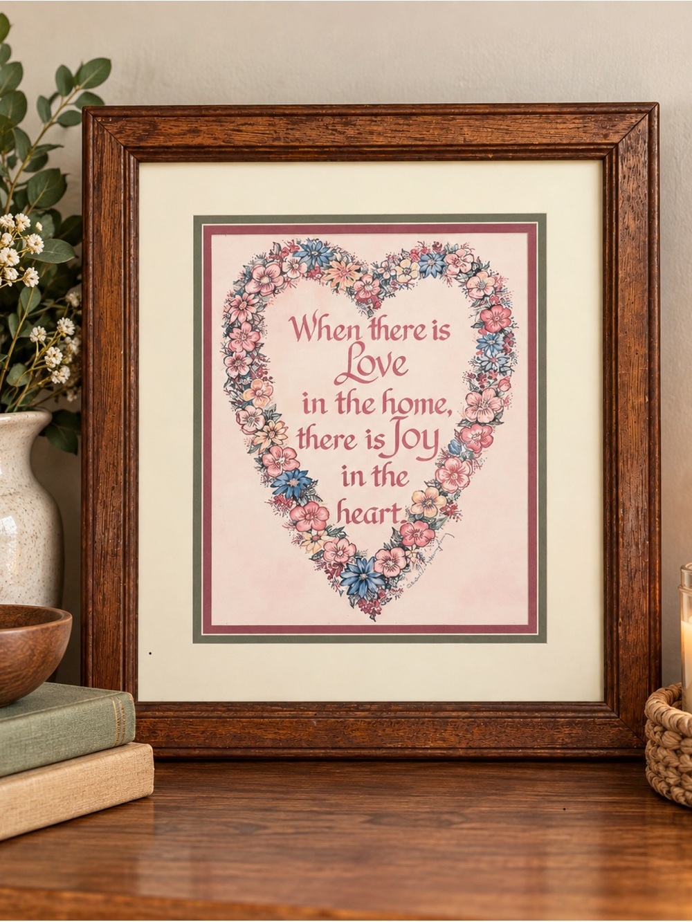 Framed Pink Floral Heart Wall Art – Love and Joy Quote